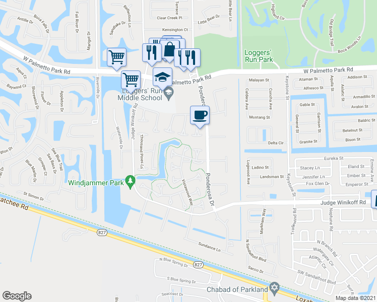 map of restaurants, bars, coffee shops, grocery stores, and more near 11557 Orange Blossom Lane in Boca Raton