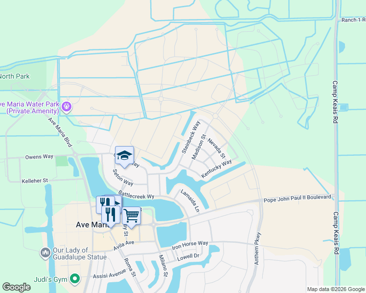 map of restaurants, bars, coffee shops, grocery stores, and more near 4409 Steinbeck Way in Ave Maria