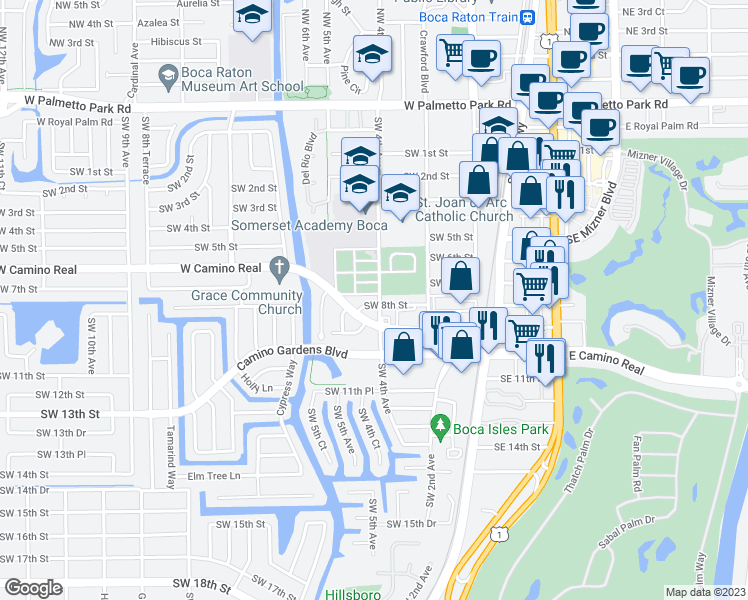 map of restaurants, bars, coffee shops, grocery stores, and more near 799 Southwest 4th Avenue in Boca Raton
