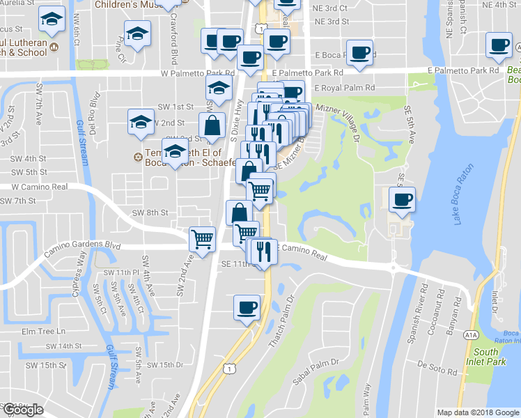map of restaurants, bars, coffee shops, grocery stores, and more near 761 South Federal Highway in Boca Raton