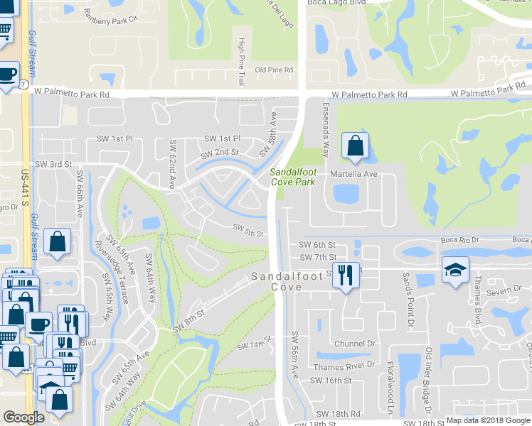 map of restaurants, bars, coffee shops, grocery stores, and more near 22338 Southwest 57th Circle in Boca Raton