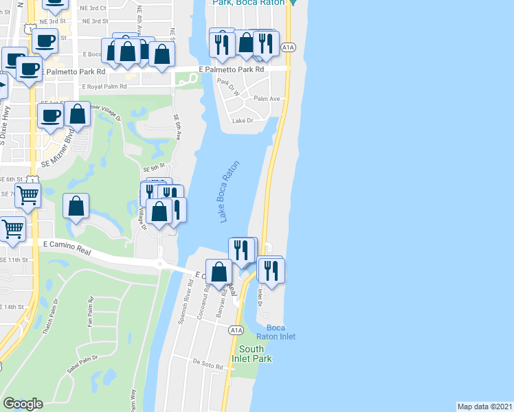 map of restaurants, bars, coffee shops, grocery stores, and more near 631 South Ocean Boulevard in Boca Raton