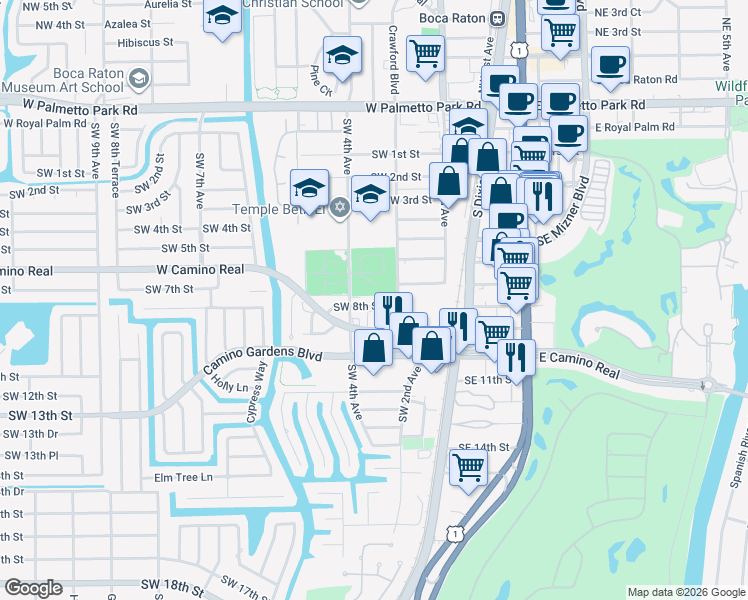 map of restaurants, bars, coffee shops, grocery stores, and more near 331 Southwest 8th Street in Boca Raton