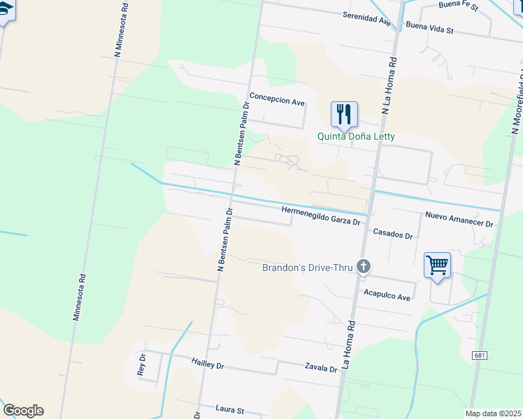 map of restaurants, bars, coffee shops, grocery stores, and more near 3501 Hermenegildo Garza Drive in Mission