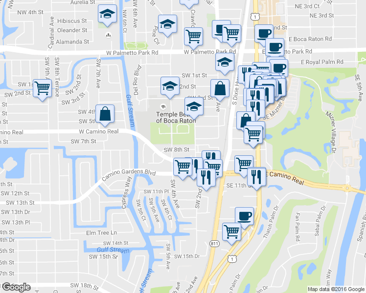 map of restaurants, bars, coffee shops, grocery stores, and more near 331 Southwest 8th Street in Boca Raton