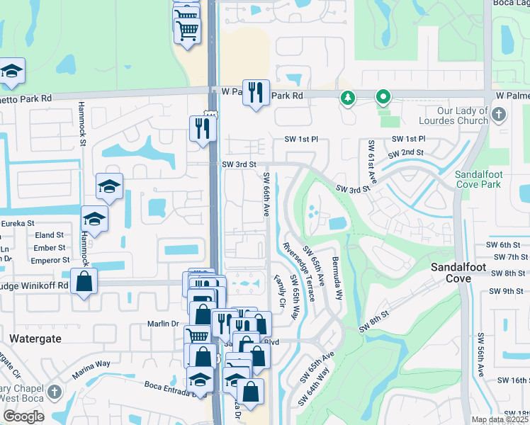 map of restaurants, bars, coffee shops, grocery stores, and more near 22301 Southwest 66th Avenue in Boca Raton