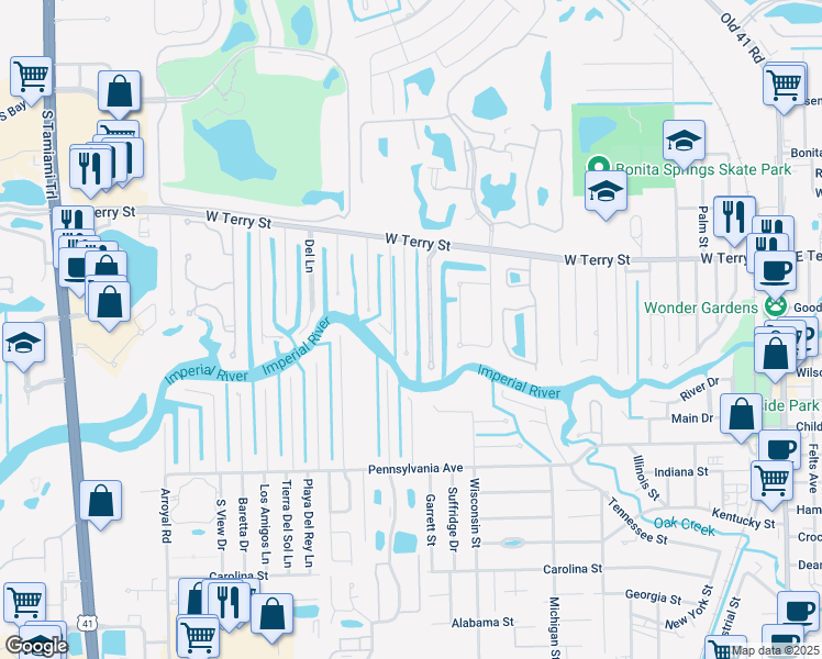 map of restaurants, bars, coffee shops, grocery stores, and more near 27211 Belle Rio Drive in Bonita Springs