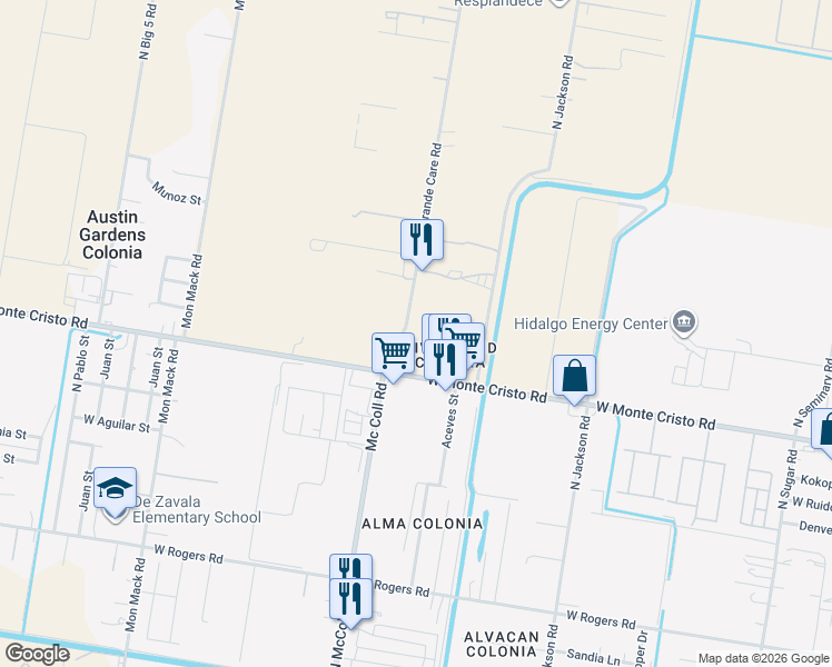 map of restaurants, bars, coffee shops, grocery stores, and more near 3808 Rio Grande Care Road in Edinburg