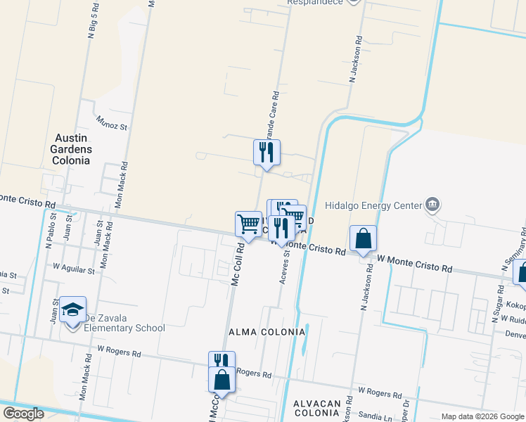 map of restaurants, bars, coffee shops, grocery stores, and more near 3808 Rio Grande Care Road in Edinburg