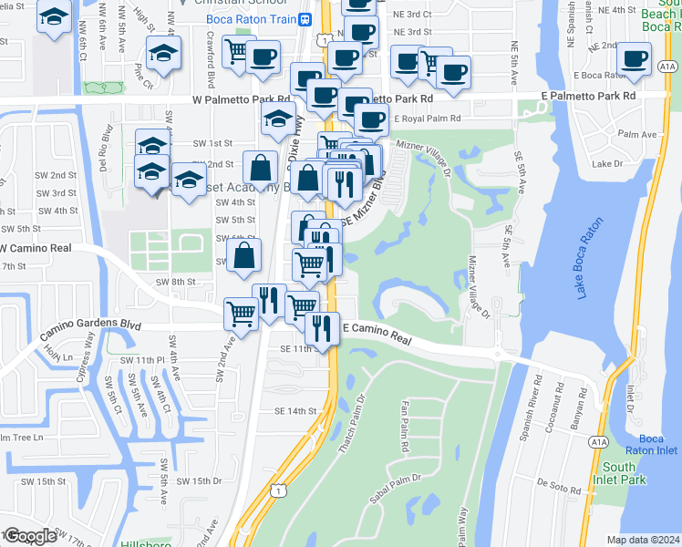 map of restaurants, bars, coffee shops, grocery stores, and more near 761 South Federal Highway in Boca Raton
