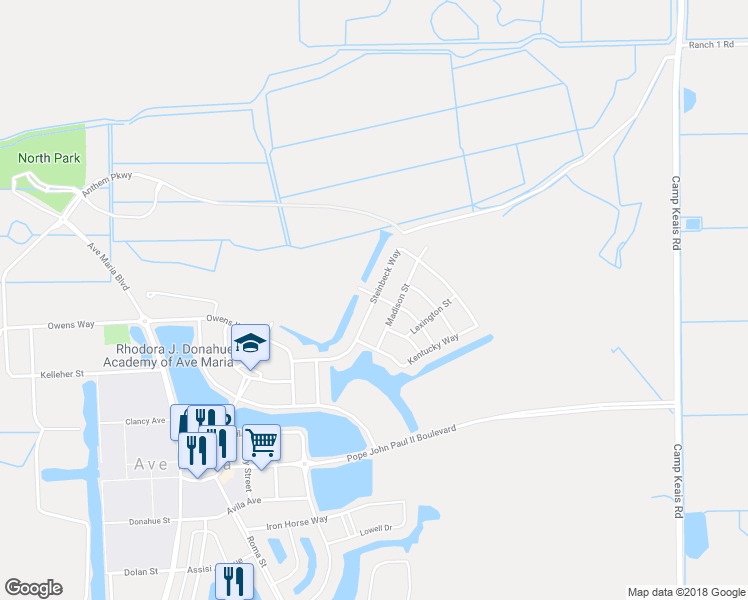 map of restaurants, bars, coffee shops, grocery stores, and more near 4397 Steinbeck Way in Ave Maria