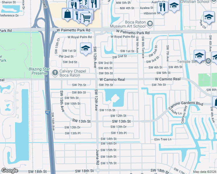 map of restaurants, bars, coffee shops, grocery stores, and more near 1128 Southwest 7th Street in Boca Raton