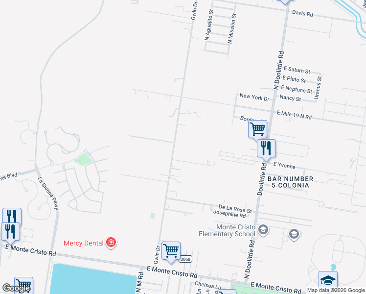 map of restaurants, bars, coffee shops, grocery stores, and more near 4318 North Gwin Road in Edinburg