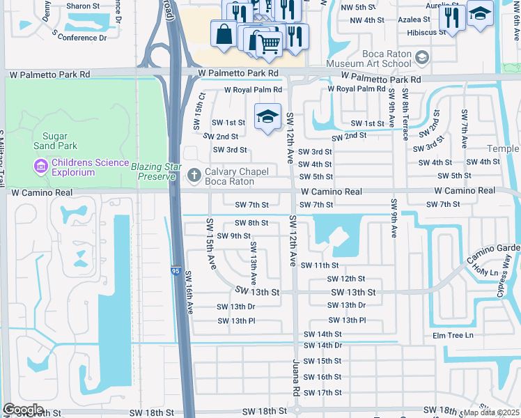 map of restaurants, bars, coffee shops, grocery stores, and more near 1280 Southwest 7th Street in Boca Raton