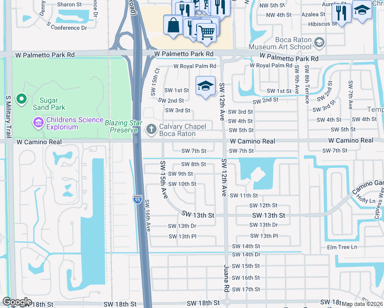 map of restaurants, bars, coffee shops, grocery stores, and more near 1300 Southwest 7th Street in Boca Raton
