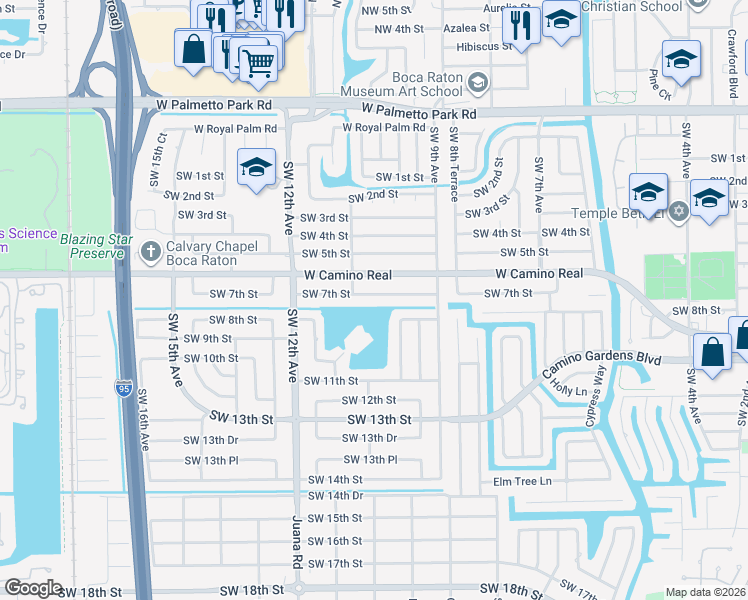 map of restaurants, bars, coffee shops, grocery stores, and more near 1054 Southwest 7th Street in Boca Raton
