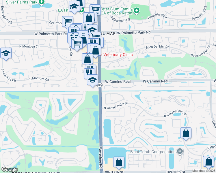 map of restaurants, bars, coffee shops, grocery stores, and more near 124 Tiburon Circle in Boca Raton