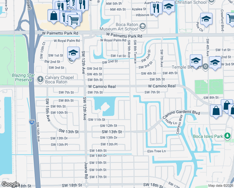 map of restaurants, bars, coffee shops, grocery stores, and more near 970 Southwest 7th Street in Boca Raton