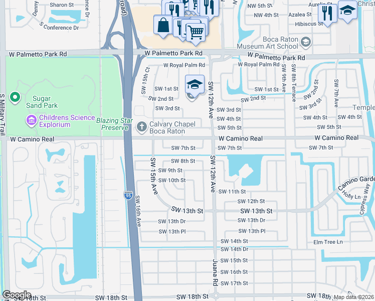 map of restaurants, bars, coffee shops, grocery stores, and more near 1300 Southwest 7th Street in Boca Raton