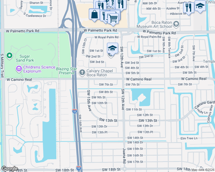 map of restaurants, bars, coffee shops, grocery stores, and more near 1300 Southwest 7th Street in Boca Raton