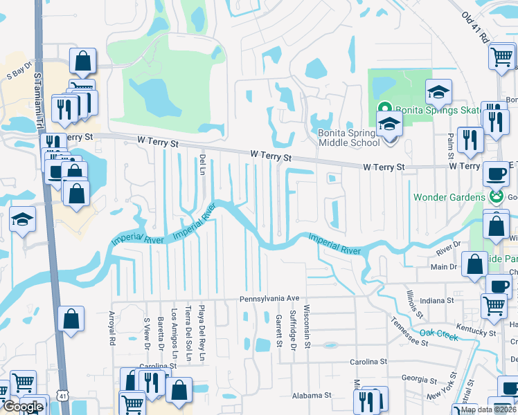 map of restaurants, bars, coffee shops, grocery stores, and more near 27211 Belle Rio Drive in Bonita Springs