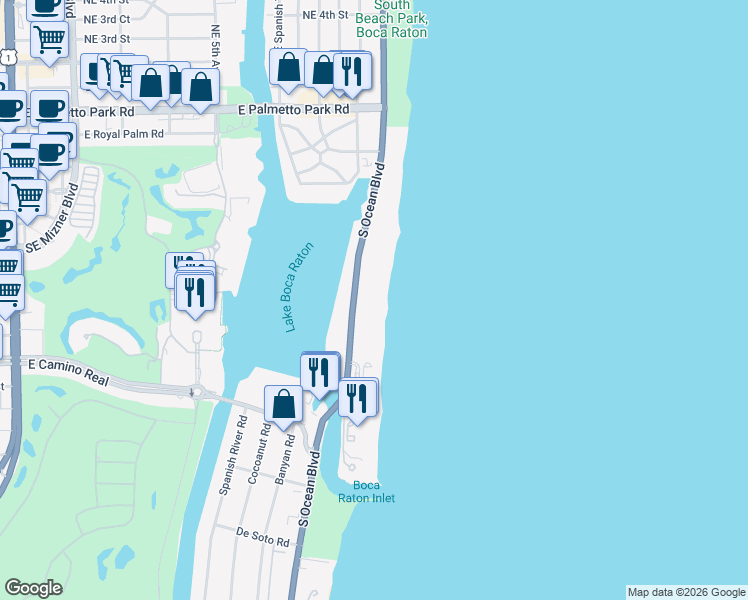 map of restaurants, bars, coffee shops, grocery stores, and more near 600 South Ocean Boulevard in Boca Raton