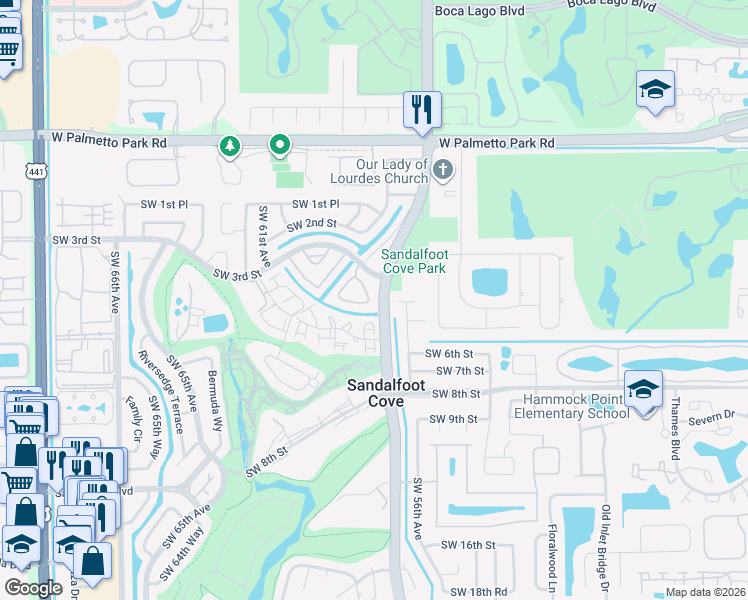 map of restaurants, bars, coffee shops, grocery stores, and more near 22338 Southwest 57th Circle in Boca Raton