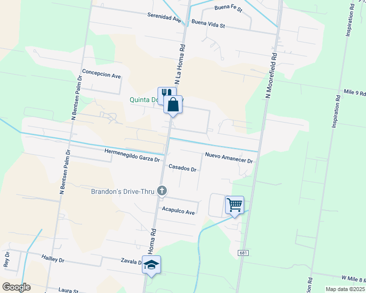 map of restaurants, bars, coffee shops, grocery stores, and more near 2808 Enamorados Drive in Mission