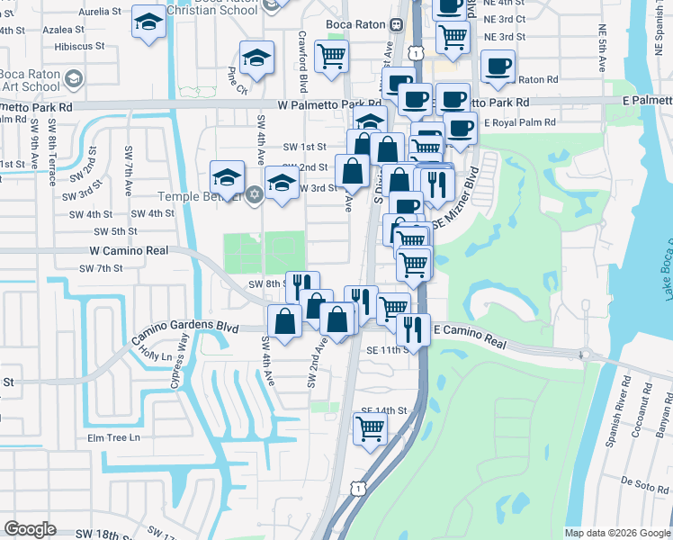 map of restaurants, bars, coffee shops, grocery stores, and more near 291 West Camino Real in Boca Raton
