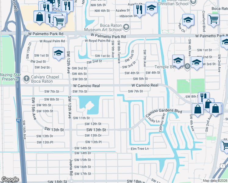 map of restaurants, bars, coffee shops, grocery stores, and more near Southwest 9th Avenue in Boca Raton