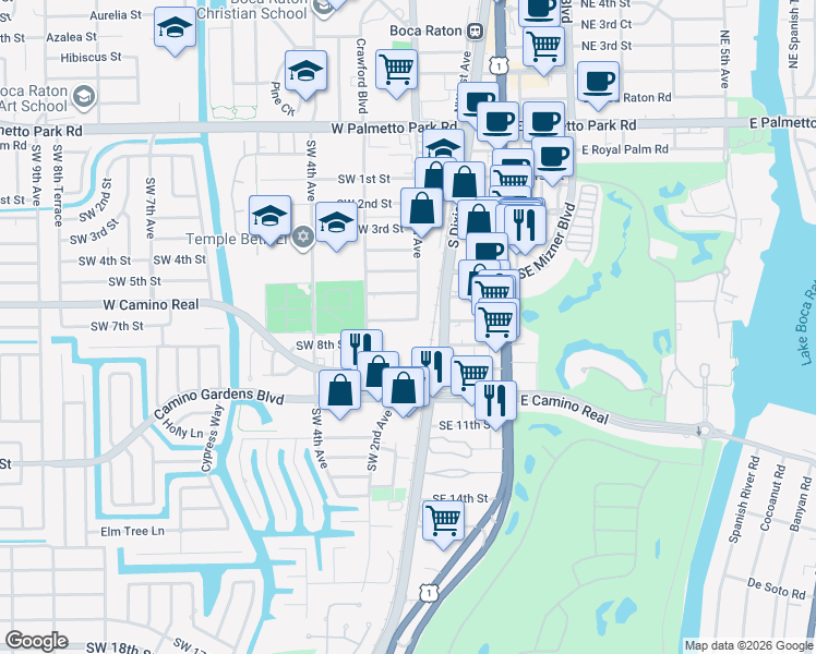 map of restaurants, bars, coffee shops, grocery stores, and more near 747 South Dixie Highway in Boca Raton