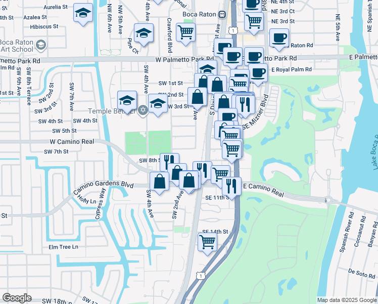 map of restaurants, bars, coffee shops, grocery stores, and more near 291 West Camino Real in Boca Raton