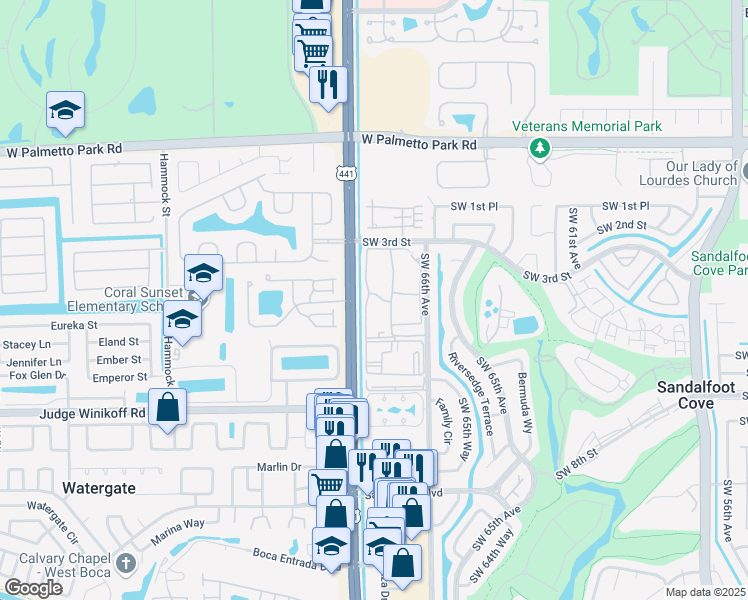 map of restaurants, bars, coffee shops, grocery stores, and more near 22453 Southwest 66th Avenue in Boca Raton