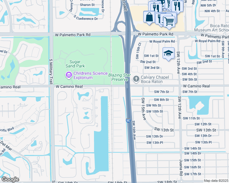 map of restaurants, bars, coffee shops, grocery stores, and more near 663 Southwest 17th Court in Boca Raton