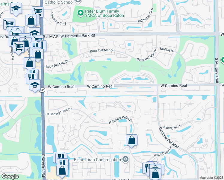 map of restaurants, bars, coffee shops, grocery stores, and more near 6389 Casabella Lane in Boca Raton