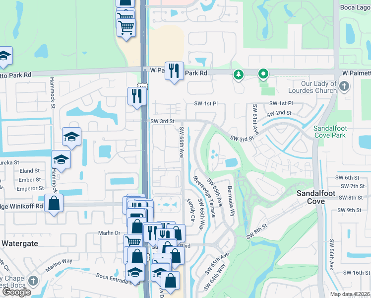 map of restaurants, bars, coffee shops, grocery stores, and more near 22417 Southwest 65th Avenue in Boca Raton