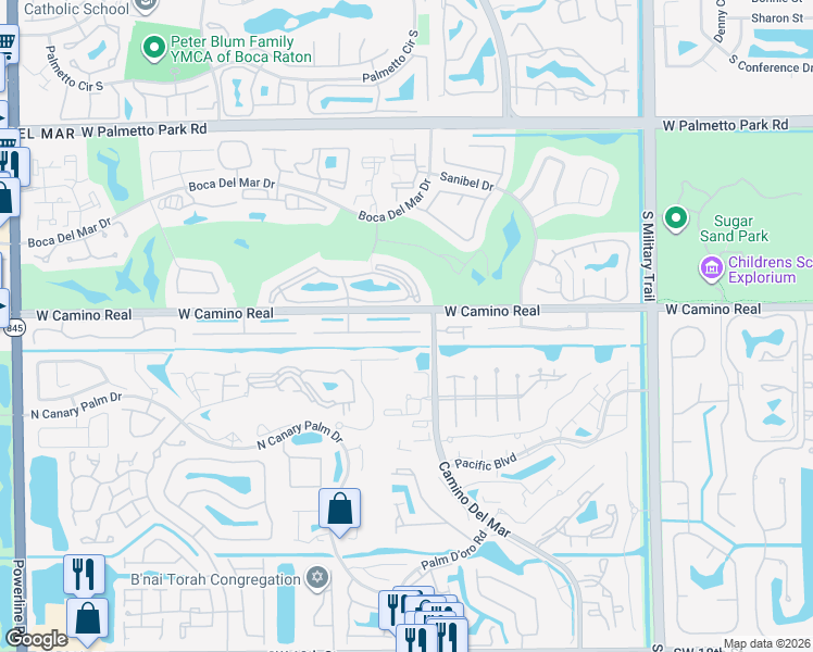 map of restaurants, bars, coffee shops, grocery stores, and more near 6053 Petaluma Drive in Boca Raton