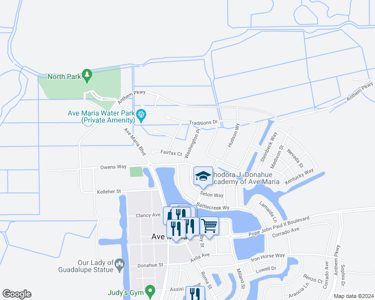 map of restaurants, bars, coffee shops, grocery stores, and more near 4910 Seton Way in Ave Maria