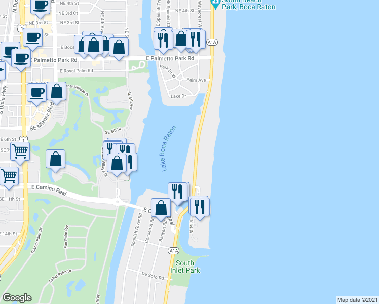 map of restaurants, bars, coffee shops, grocery stores, and more near 631 South Ocean Boulevard in Boca Raton