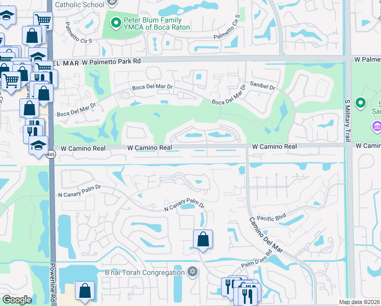map of restaurants, bars, coffee shops, grocery stores, and more near 6264 Petaluma Drive in Boca Raton