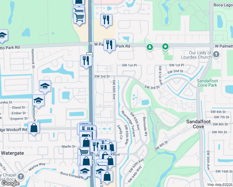 map of restaurants, bars, coffee shops, grocery stores, and more near 22417 Southwest 65th Avenue in Boca Raton