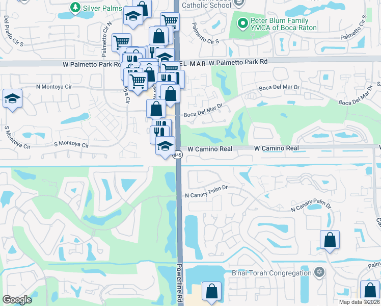 map of restaurants, bars, coffee shops, grocery stores, and more near 124 Tiburon Circle in Boca Raton