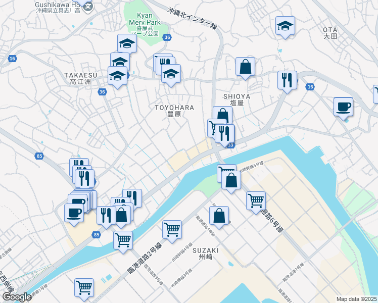 map of restaurants, bars, coffee shops, grocery stores, and more near in Uruma