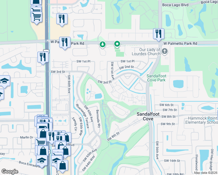 map of restaurants, bars, coffee shops, grocery stores, and more near 9500 Southwest 3rd Street in Boca Raton