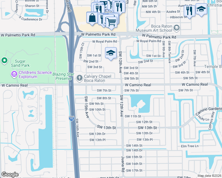 map of restaurants, bars, coffee shops, grocery stores, and more near 1259 Southwest 7th Street in Boca Raton