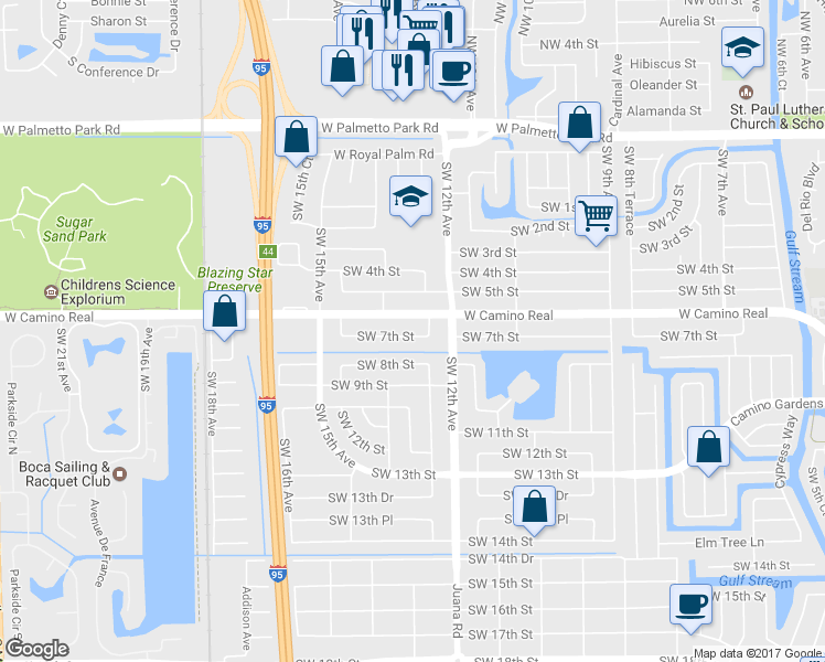 map of restaurants, bars, coffee shops, grocery stores, and more near 1259 Southwest 7th Street in Boca Raton