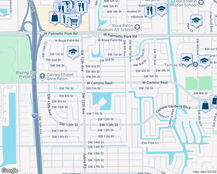 map of restaurants, bars, coffee shops, grocery stores, and more near 1054 Southwest 7th Street in Boca Raton