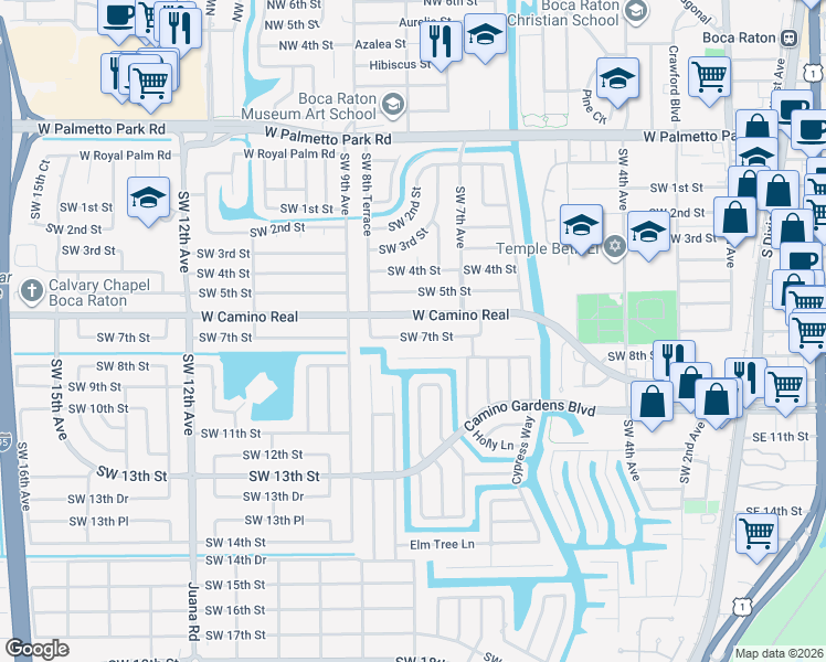 map of restaurants, bars, coffee shops, grocery stores, and more near 745 Apple Tree Lane in Boca Raton