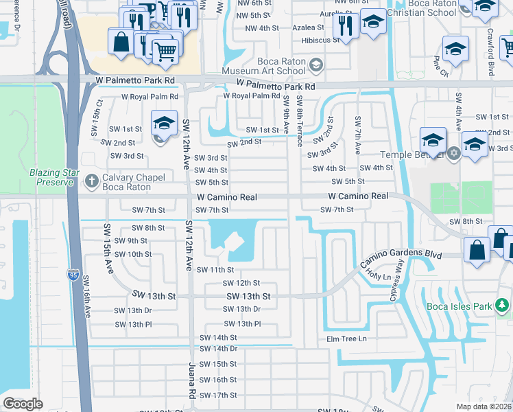 map of restaurants, bars, coffee shops, grocery stores, and more near 970 Southwest 7th Street in Boca Raton