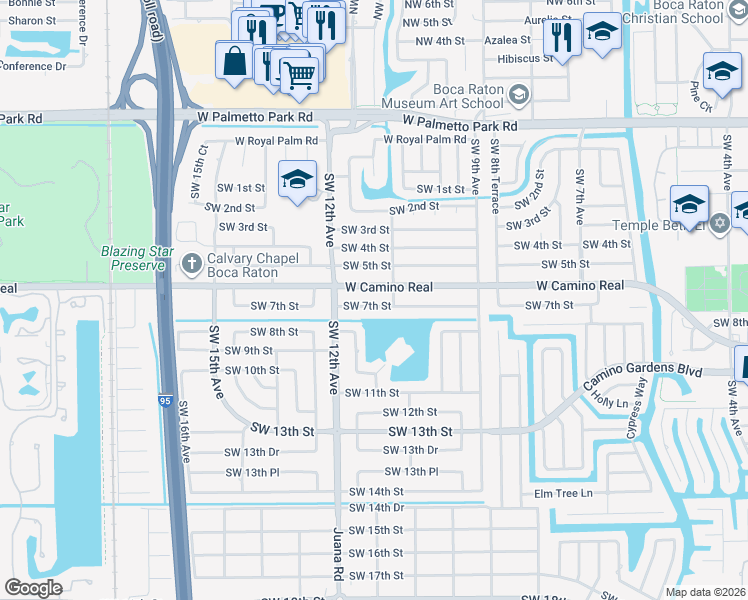 map of restaurants, bars, coffee shops, grocery stores, and more near 1128 Southwest 7th Street in Boca Raton